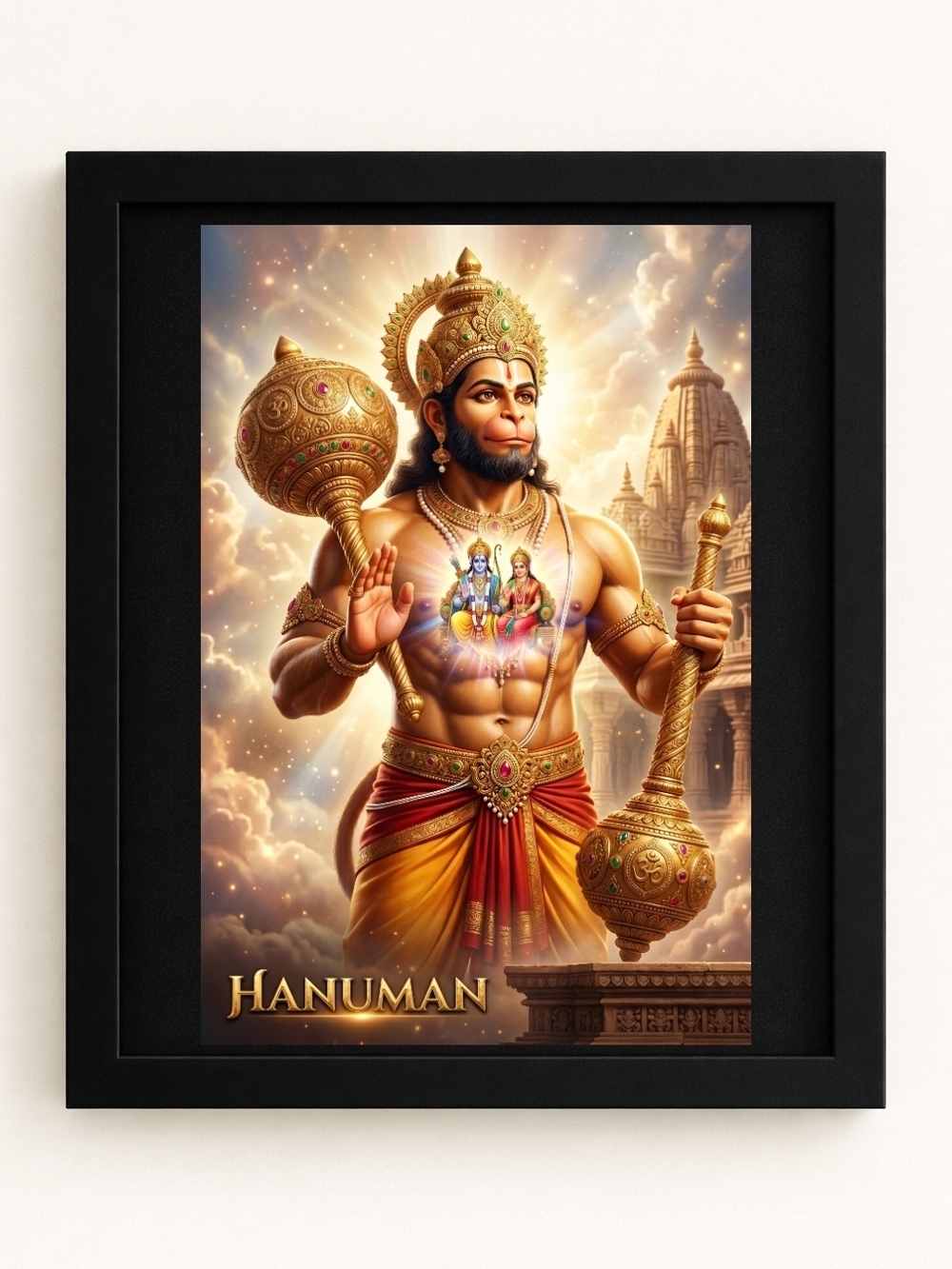 Hand Crafted Hanuman Art Print in Gold and Red